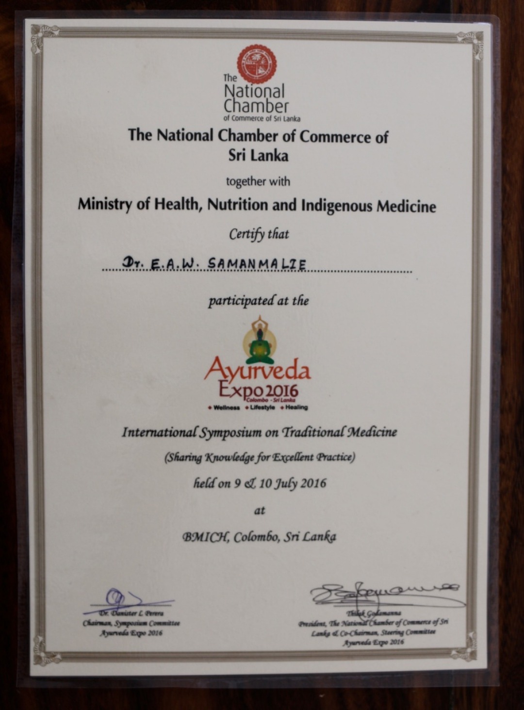 Urkunde vom Ayurveda-Ministerium Sri Lanka